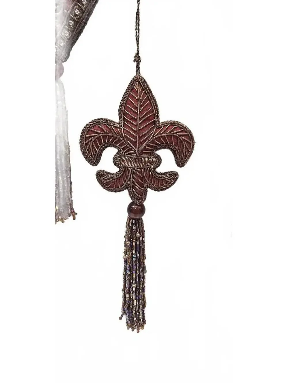Set of 4 Vintage Style Burgundy Fabric Tassel Ornaments with Heart and Fleur-de-